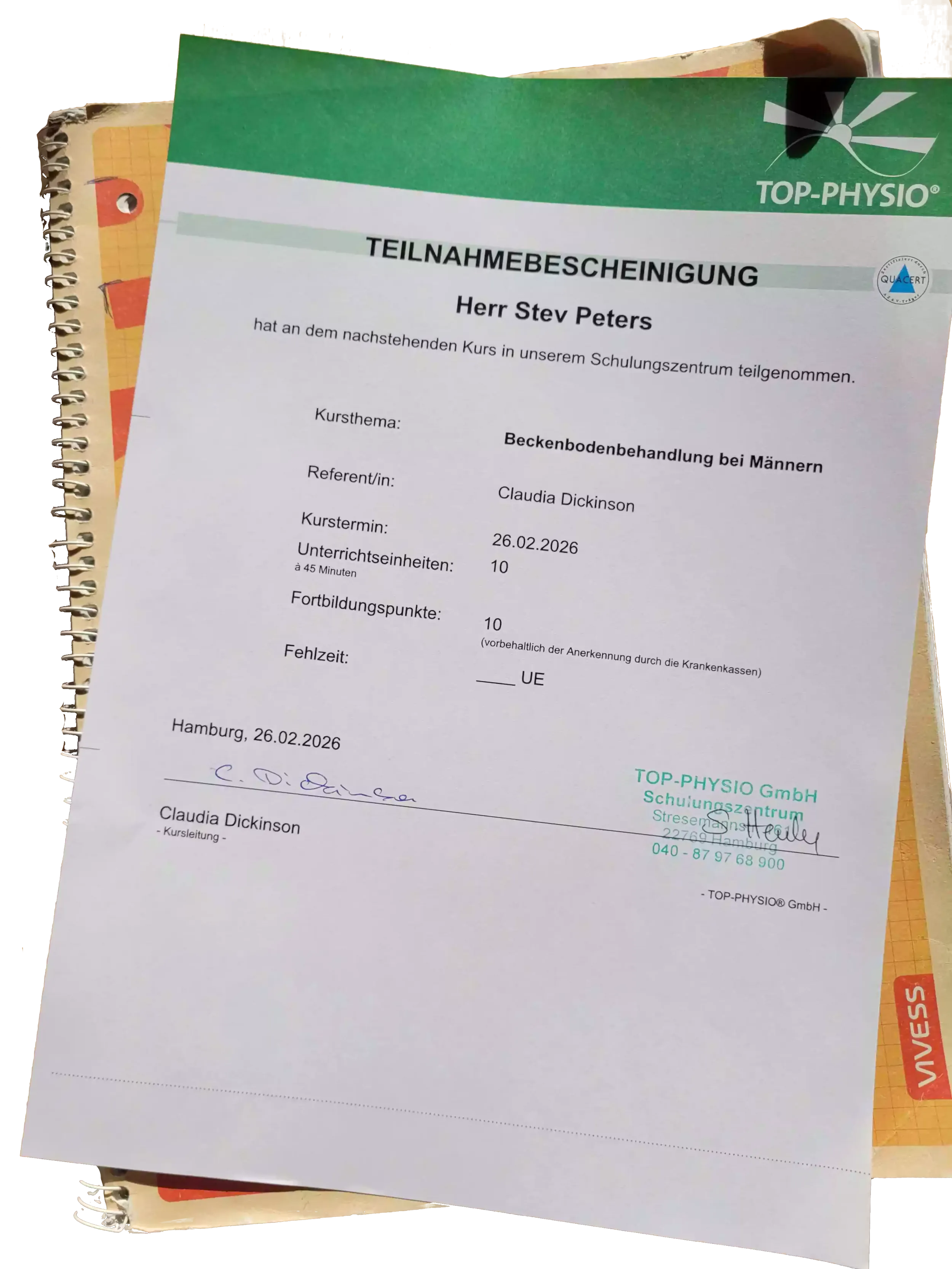 Teilnahmebestätitgung Beckenbodenbehandlung bei Männern